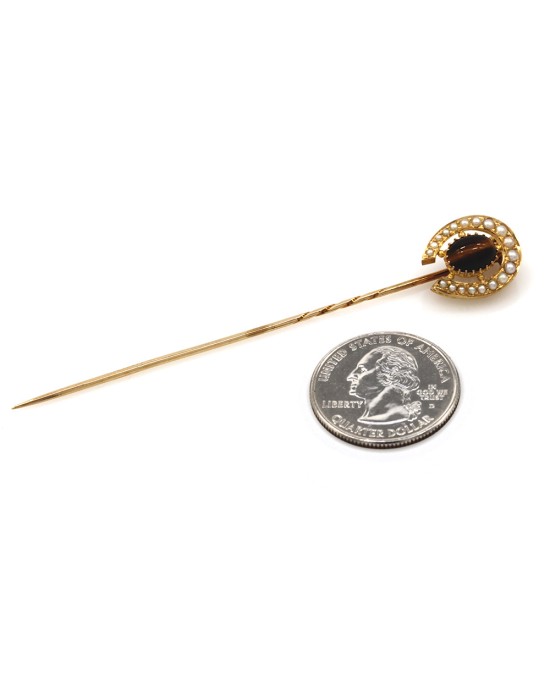 Horseshoe Tiger's Eye and Seed Pearl Stick Pin in Gold